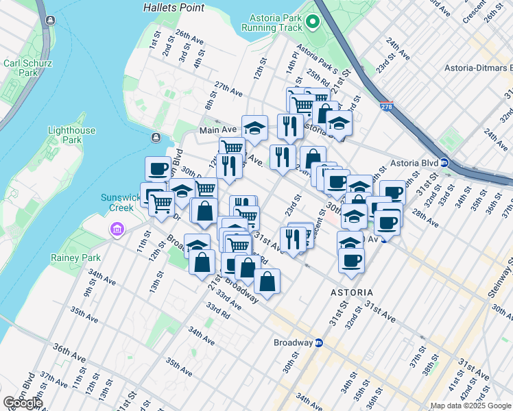 map of restaurants, bars, coffee shops, grocery stores, and more near 3080 21st Street in Queens