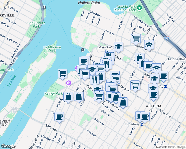 map of restaurants, bars, coffee shops, grocery stores, and more near 12-04 31st Avenue in Queens