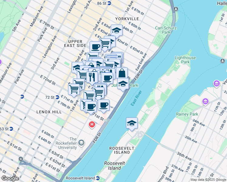 map of restaurants, bars, coffee shops, grocery stores, and more near 507 East 75th Street in New York