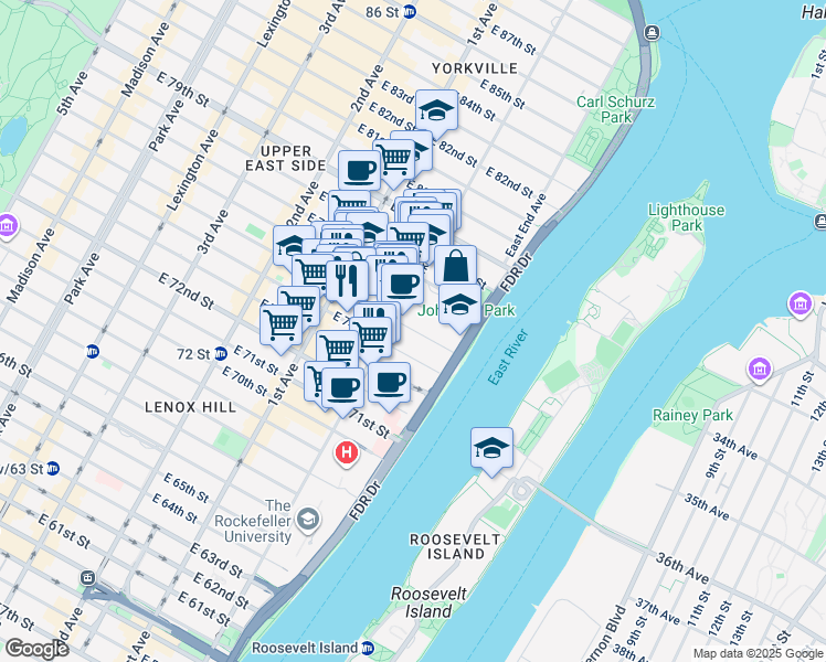 map of restaurants, bars, coffee shops, grocery stores, and more near 507 East 75th Street in New York