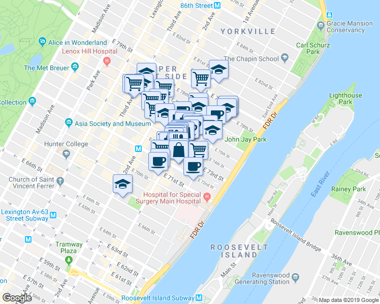 map of restaurants, bars, coffee shops, grocery stores, and more near 402 East 74th Street in New York