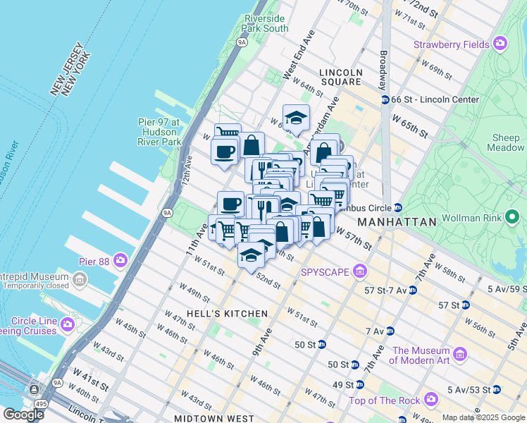 map of restaurants, bars, coffee shops, grocery stores, and more near 500 West 56th Street in New York