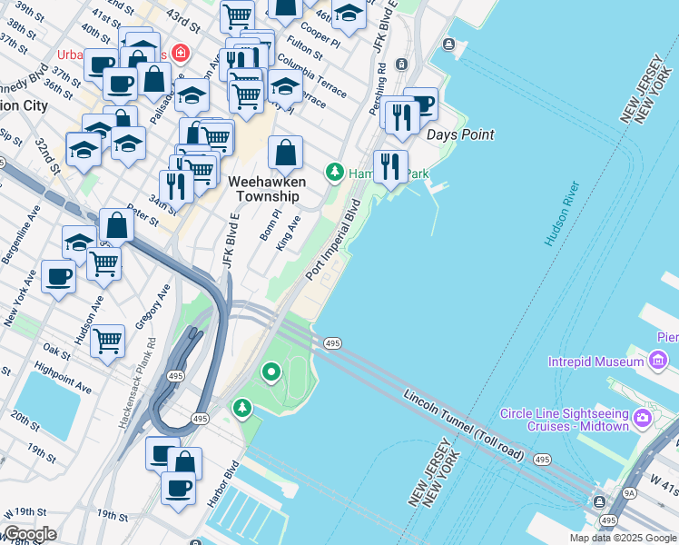 map of restaurants, bars, coffee shops, grocery stores, and more near 21 Oxford Landing in Weehawken