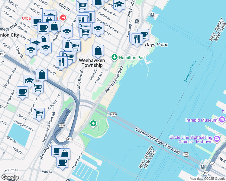 map of restaurants, bars, coffee shops, grocery stores, and more near 21 Oxford Landing in Weehawken