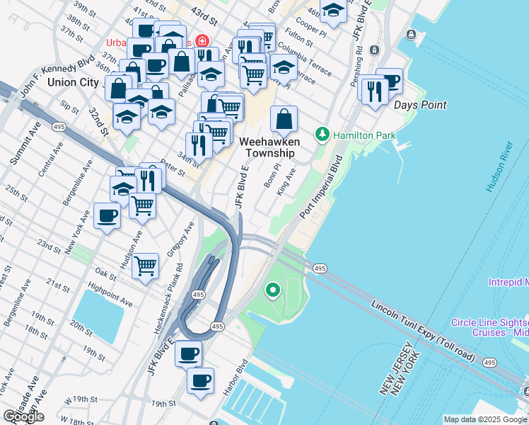 map of restaurants, bars, coffee shops, grocery stores, and more near 70 King Avenue in Weehawken