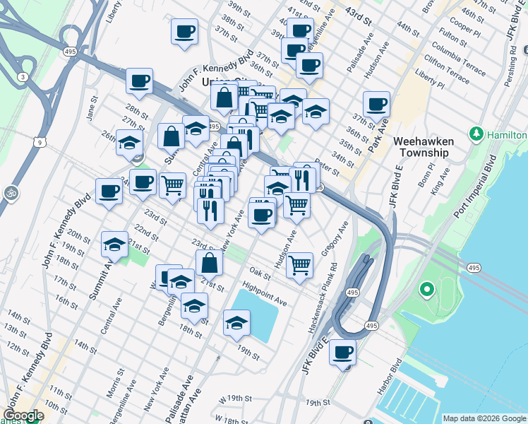 map of restaurants, bars, coffee shops, grocery stores, and more near 311 27th Street in Union City
