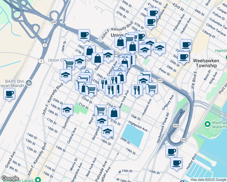 map of restaurants, bars, coffee shops, grocery stores, and more near 508 25th Street in Union City