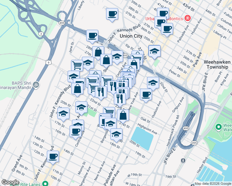 map of restaurants, bars, coffee shops, grocery stores, and more near 608 24th Street in Union City