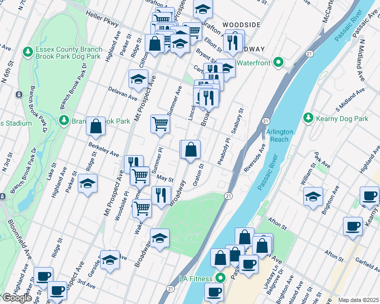 map of restaurants, bars, coffee shops, grocery stores, and more near 96 Lincoln Avenue in Newark