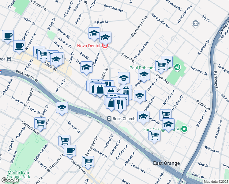 map of restaurants, bars, coffee shops, grocery stores, and more near 22 Washington Street in East Orange