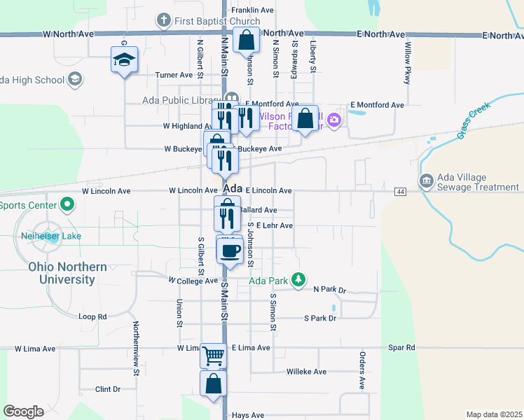 map of restaurants, bars, coffee shops, grocery stores, and more near 200-298 East Ballard Avenue in Ada