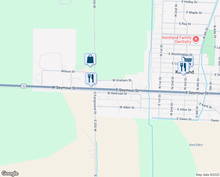 map of restaurants, bars, coffee shops, grocery stores, and more near 316 W Seymour St in Kentland