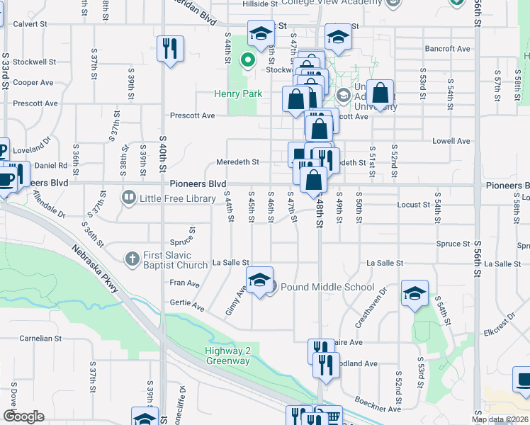 map of restaurants, bars, coffee shops, grocery stores, and more near 4421 South 46th Street in Lincoln