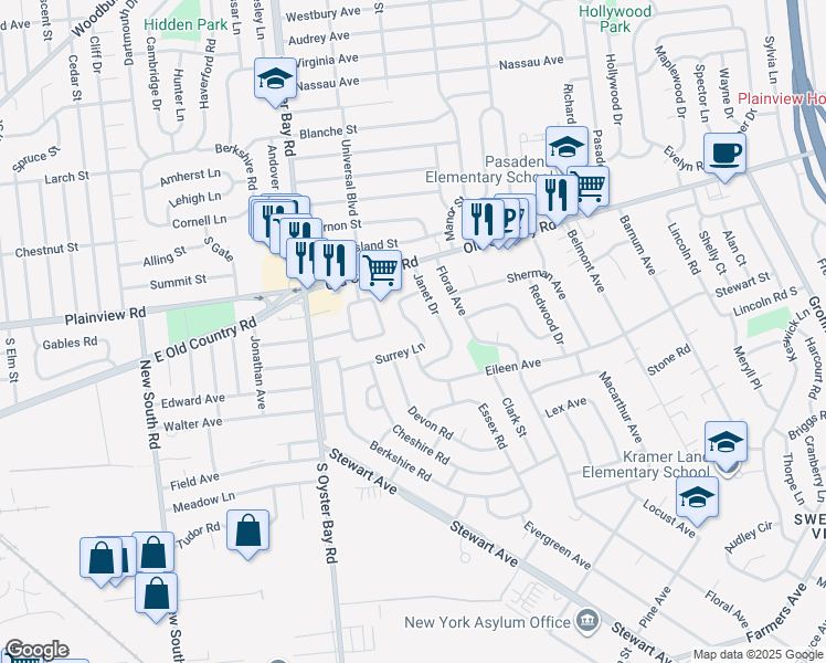 map of restaurants, bars, coffee shops, grocery stores, and more near 33 Surrey Lane in Plainview
