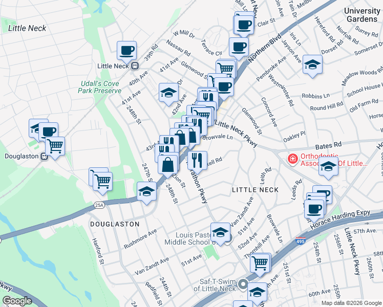 map of restaurants, bars, coffee shops, grocery stores, and more near 250-14 Northern Boulevard in Queens