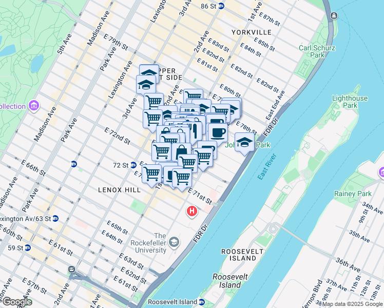 map of restaurants, bars, coffee shops, grocery stores, and more near 414 East 74th Street in New York