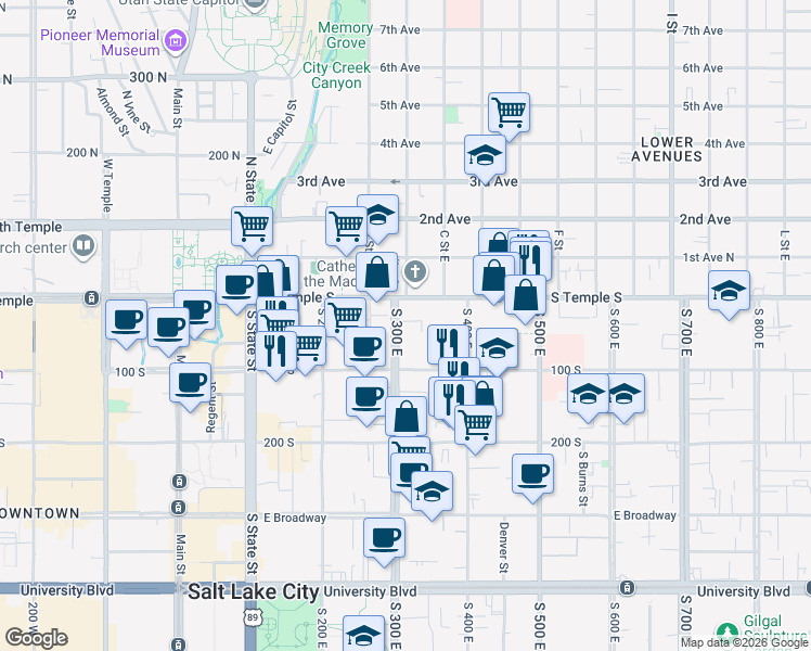 map of restaurants, bars, coffee shops, grocery stores, and more near 25 South 300 East in Salt Lake City