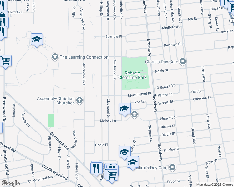 map of restaurants, bars, coffee shops, grocery stores, and more near 189 Westwood Drive in Brentwood