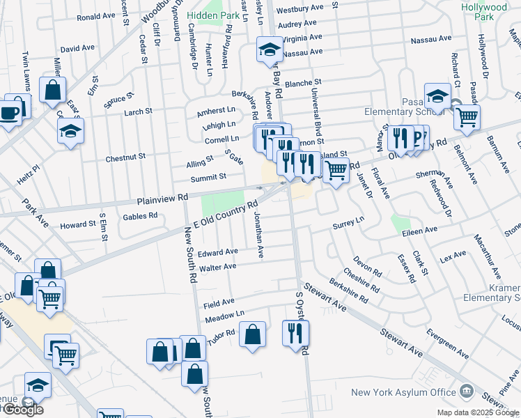 map of restaurants, bars, coffee shops, grocery stores, and more near 3 Jonathan Avenue in Hicksville