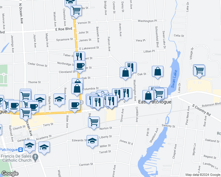 map of restaurants, bars, coffee shops, grocery stores, and more near 45 Case Avenue in Patchogue