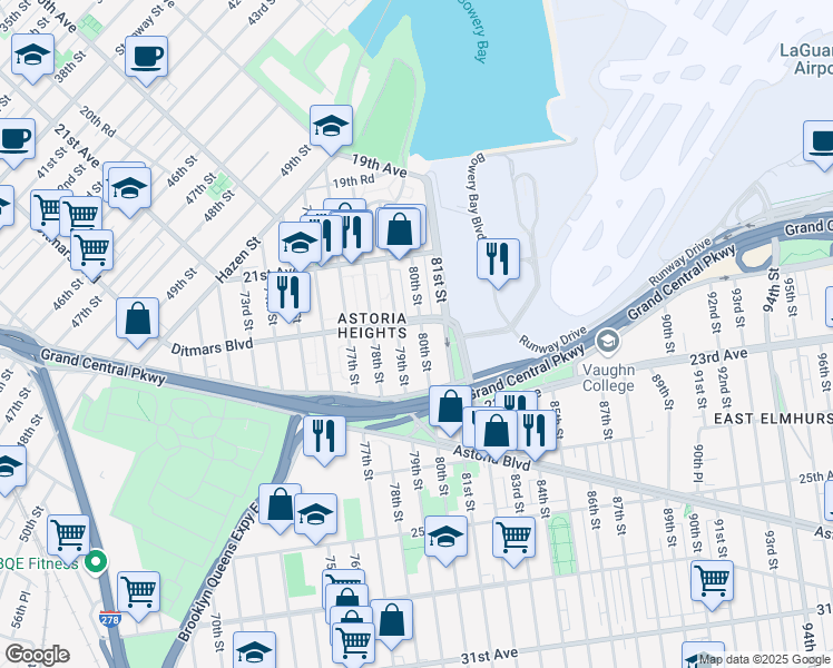map of restaurants, bars, coffee shops, grocery stores, and more near 22-18 80th Street in Queens