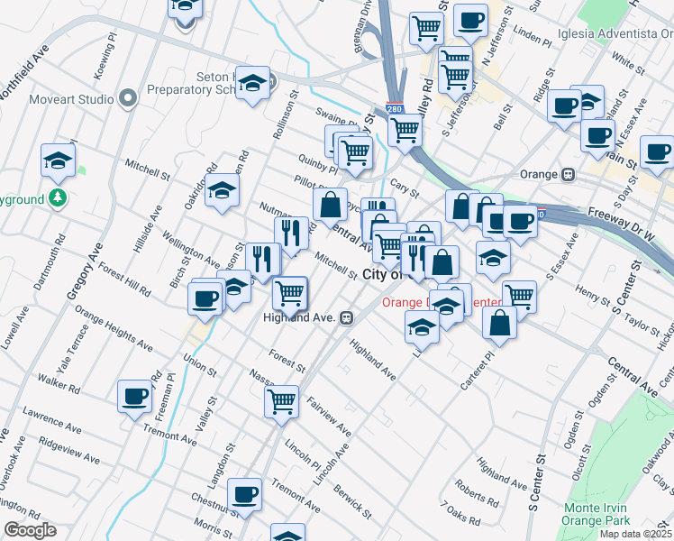 map of restaurants, bars, coffee shops, grocery stores, and more near 6 Mitchell Street in West Orange