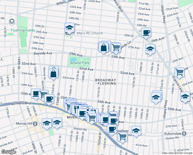 map of restaurants, bars, coffee shops, grocery stores, and more near 32-31 160th Street in Queens