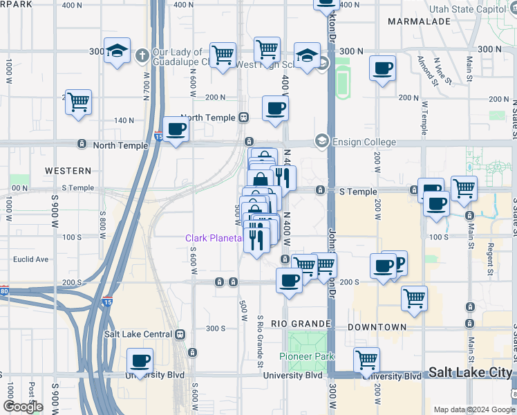 map of restaurants, bars, coffee shops, grocery stores, and more near 26 South Rio Grande Street in Salt Lake City