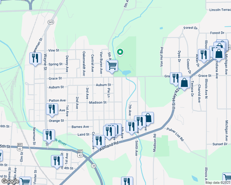 map of restaurants, bars, coffee shops, grocery stores, and more near 384 5th Avenue in Mansfield