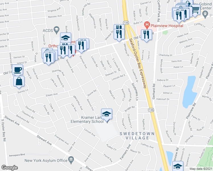 map of restaurants, bars, coffee shops, grocery stores, and more near 29 Meryll Place in Plainview