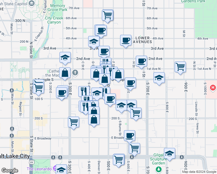map of restaurants, bars, coffee shops, grocery stores, and more near 28 South 500 East in Salt Lake City