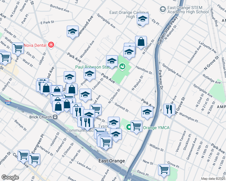 map of restaurants, bars, coffee shops, grocery stores, and more near 12 Melmore Gardens in East Orange