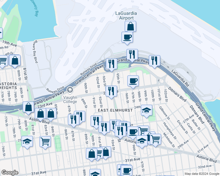 map of restaurants, bars, coffee shops, grocery stores, and more near 22-58 94th Street in Queens