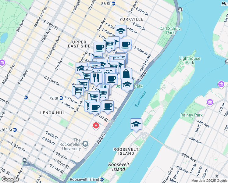 map of restaurants, bars, coffee shops, grocery stores, and more near 505 East 75th Street in New York