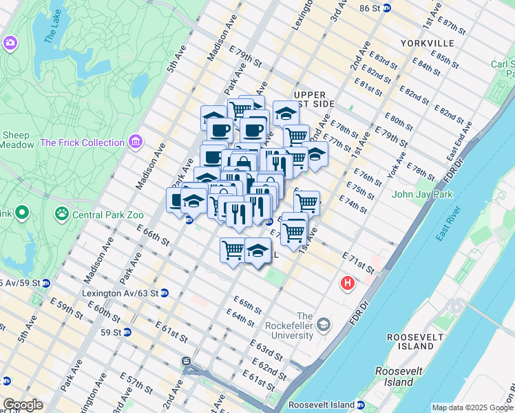 map of restaurants, bars, coffee shops, grocery stores, and more near East 71st Street in New York