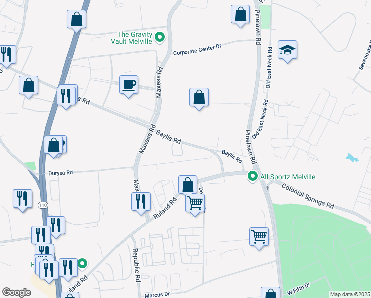 map of restaurants, bars, coffee shops, grocery stores, and more near 124 Victoria Place in Huntington Station