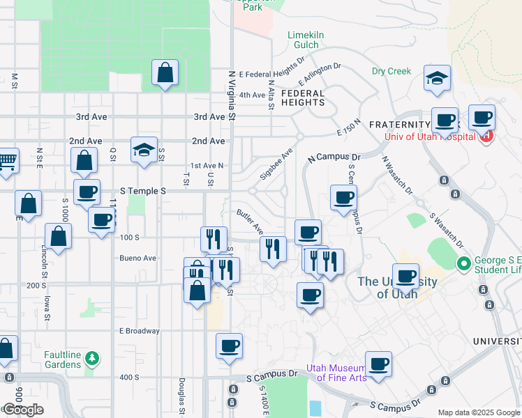 map of restaurants, bars, coffee shops, grocery stores, and more near 1414 Federal Way in Salt Lake City