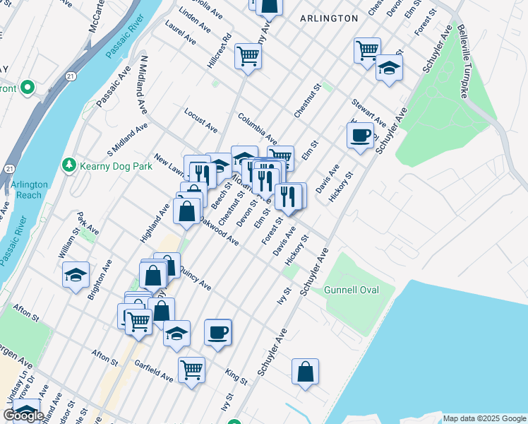 map of restaurants, bars, coffee shops, grocery stores, and more near 441 Elm Street in Kearny