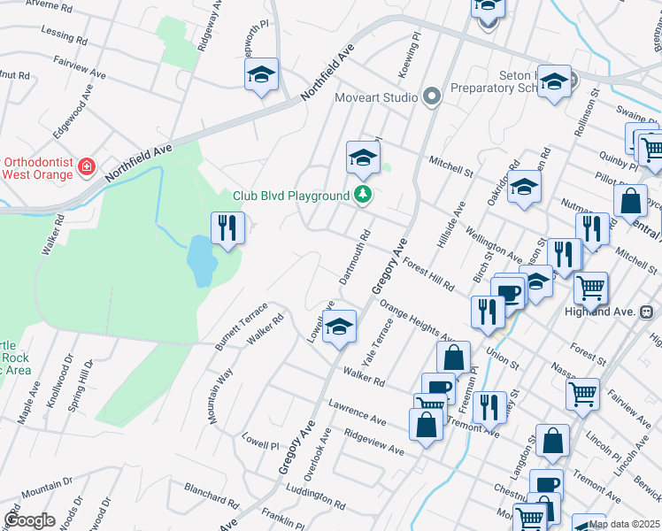 map of restaurants, bars, coffee shops, grocery stores, and more near 11 Sheffield Terrace in West Orange