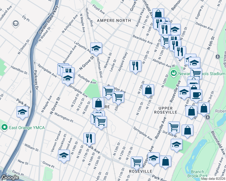 map of restaurants, bars, coffee shops, grocery stores, and more near 60 Ampere Parkway in East Orange