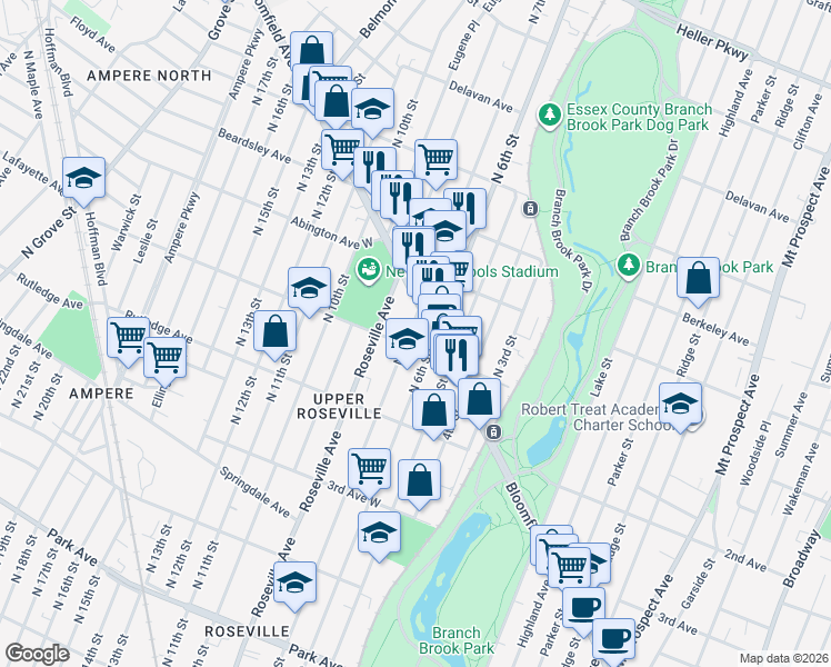 map of restaurants, bars, coffee shops, grocery stores, and more near 545 North 7th Street in Newark
