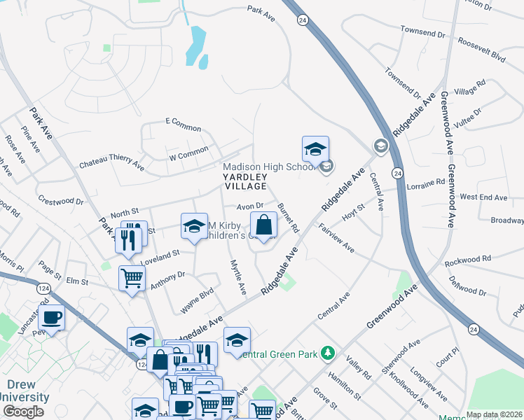map of restaurants, bars, coffee shops, grocery stores, and more near 15 Avon Drive in Madison