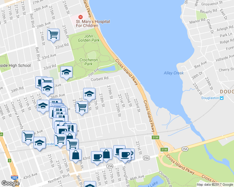 map of restaurants, bars, coffee shops, grocery stores, and more near 37-08 221st Street in Queens