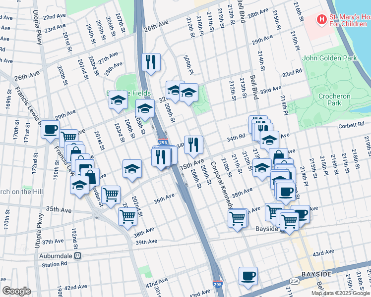 map of restaurants, bars, coffee shops, grocery stores, and more near 208-02 34th Avenue in Queens