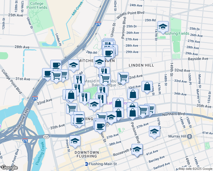map of restaurants, bars, coffee shops, grocery stores, and more near 32-18 Union Street in Queens