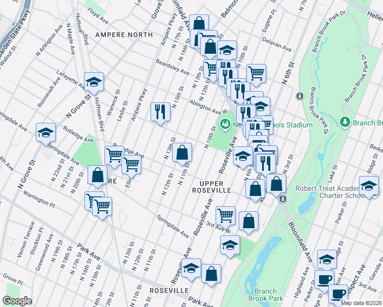 map of restaurants, bars, coffee shops, grocery stores, and more near 284 1st Avenue in Newark