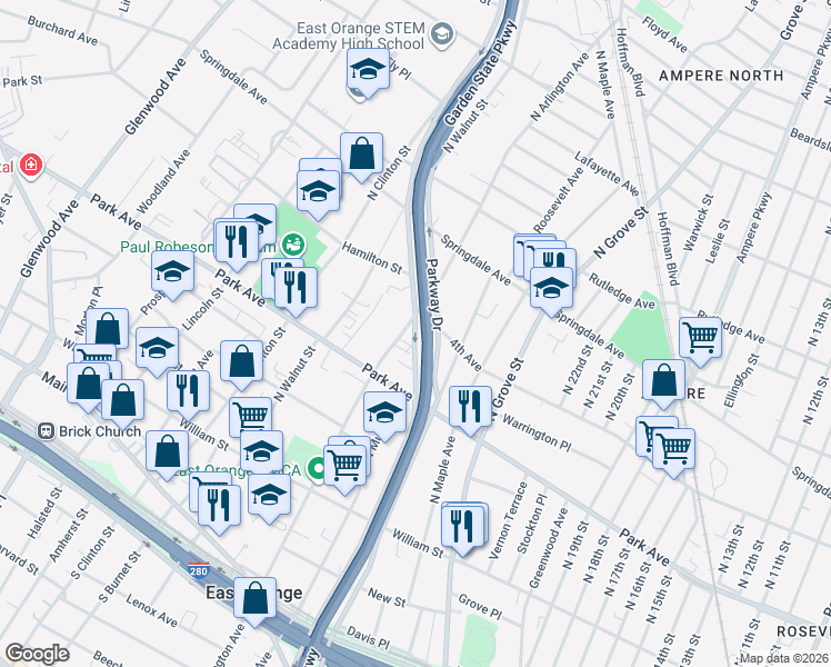 map of restaurants, bars, coffee shops, grocery stores, and more near 246 North Arlington Avenue in East Orange