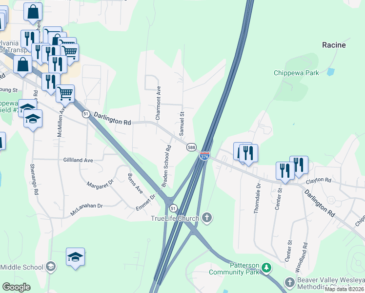 map of restaurants, bars, coffee shops, grocery stores, and more near 2333 Darlington Road in Beaver Falls
