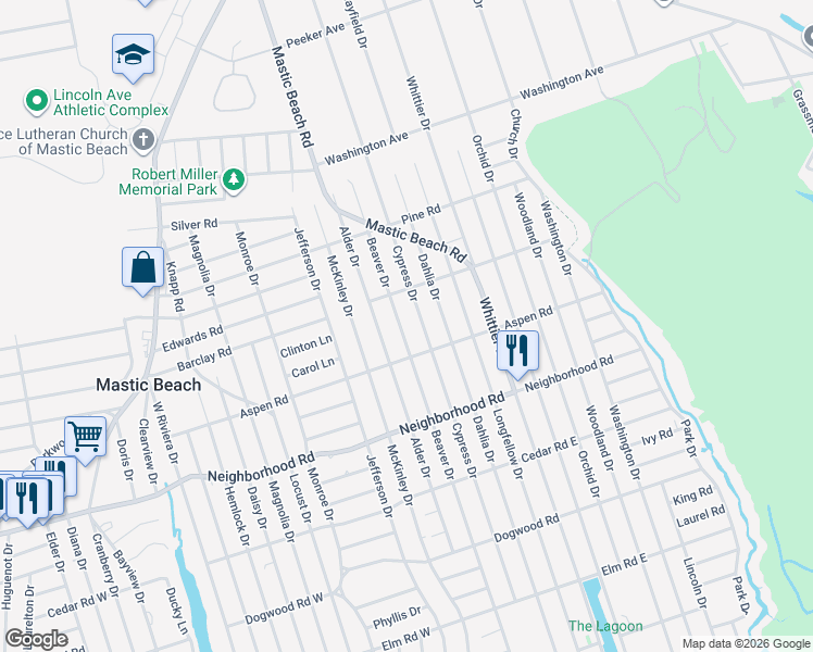 map of restaurants, bars, coffee shops, grocery stores, and more near 219 Beaver Drive in Mastic Beach