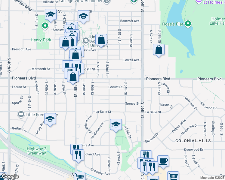 map of restaurants, bars, coffee shops, grocery stores, and more near 5243 Locust Street in Lincoln